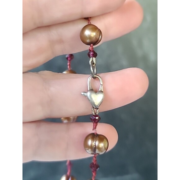 925 Sterling Silver Heart Shaped Clasp Garnet & Pearl Station Necklace Vintage - Picture 6 of 10